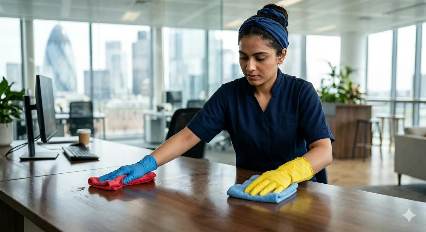 Professional cleaner in navy uniform wiping a wooden desk in a modern London office with city skyline views