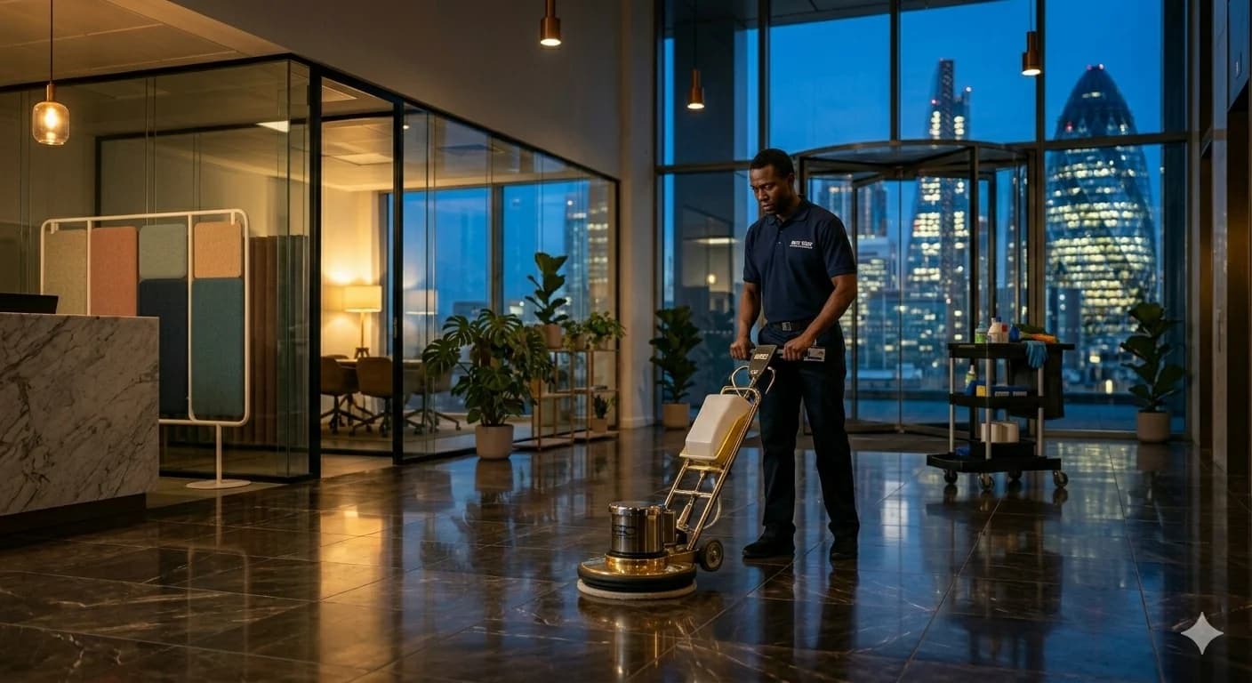 Vigil cleaner operating a floor polishing machine in a London office lobby at dusk with city skyline views