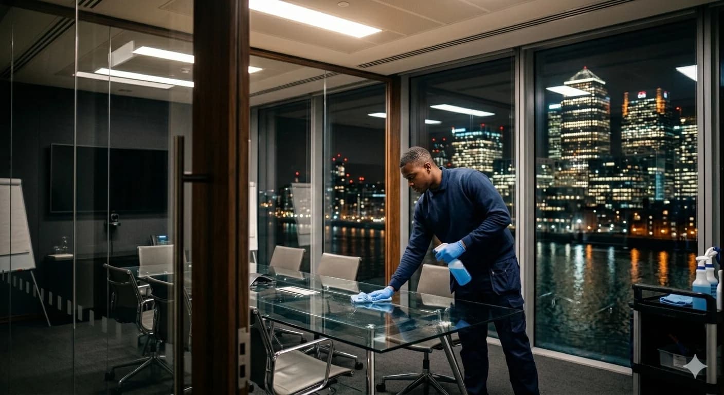 Professional cleaner sanitising glass conference table in London office with Canary Wharf skyline at night