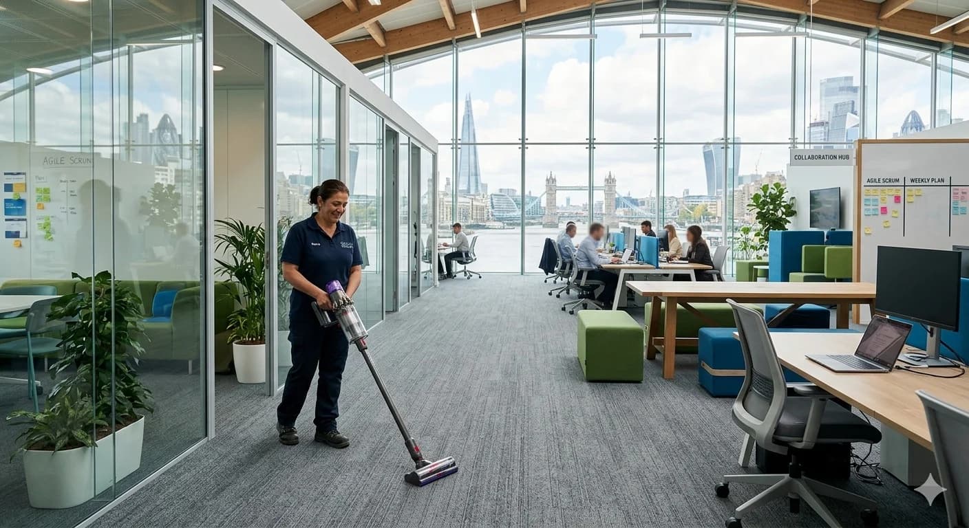 Vigil cleaner vacuuming carpet in modern London office with Tower Bridge and Shard views