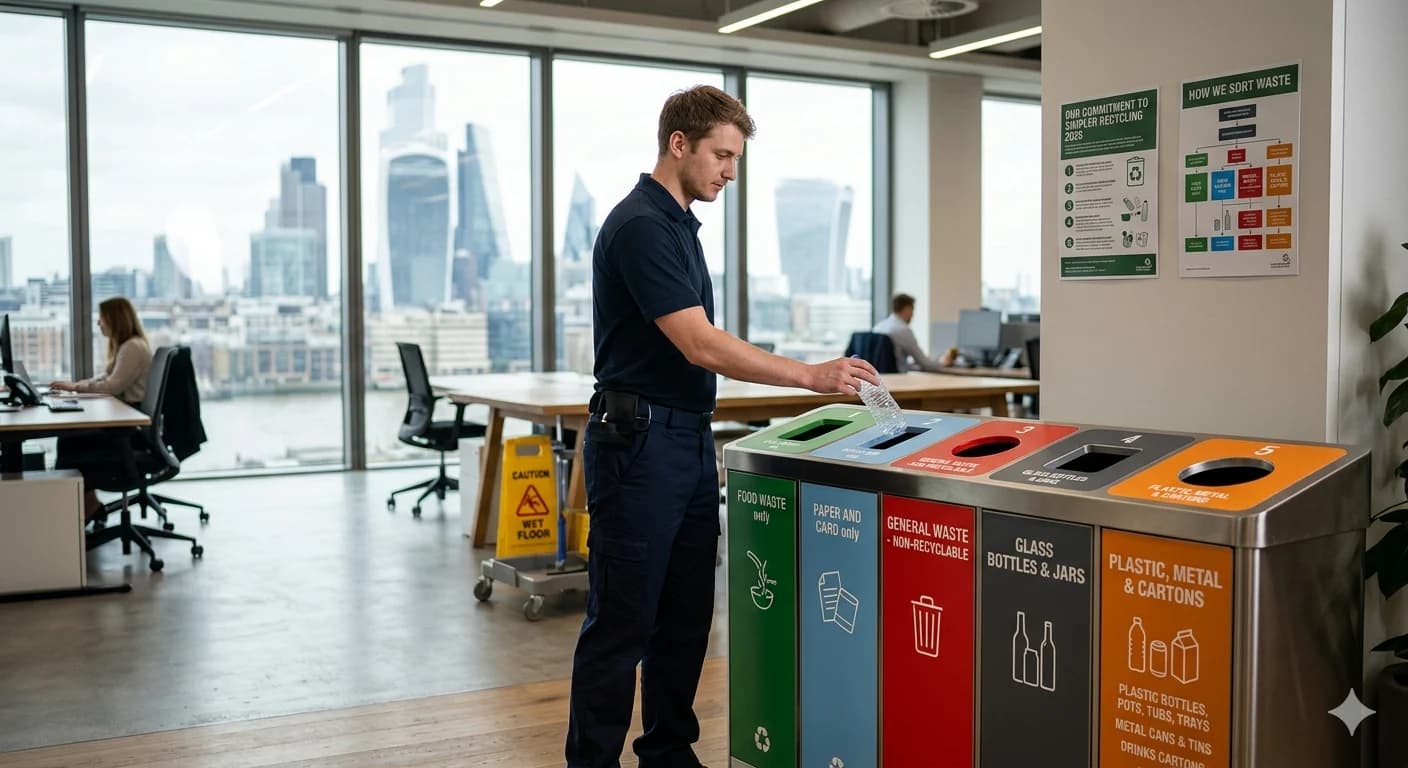 Cleaning operative sorting recycling into colour-coded waste bins in a London office overlooking the City skyline.