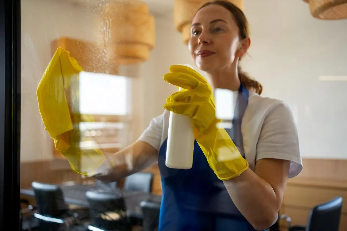 Professional cleaner in yellow gloves wiping glass window with spray bottle in a London office setting