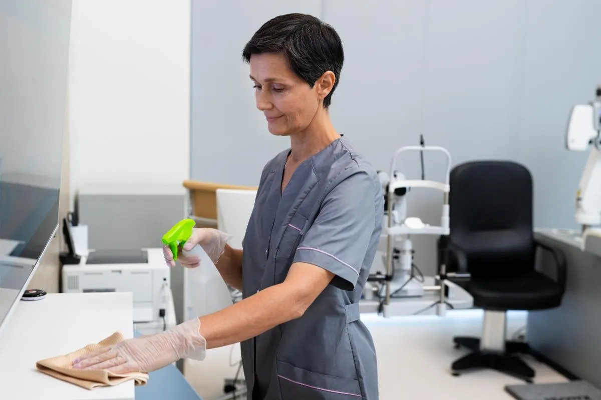 Cleaner in grey uniform and gloves disinfecting a surface in a London medical clinic