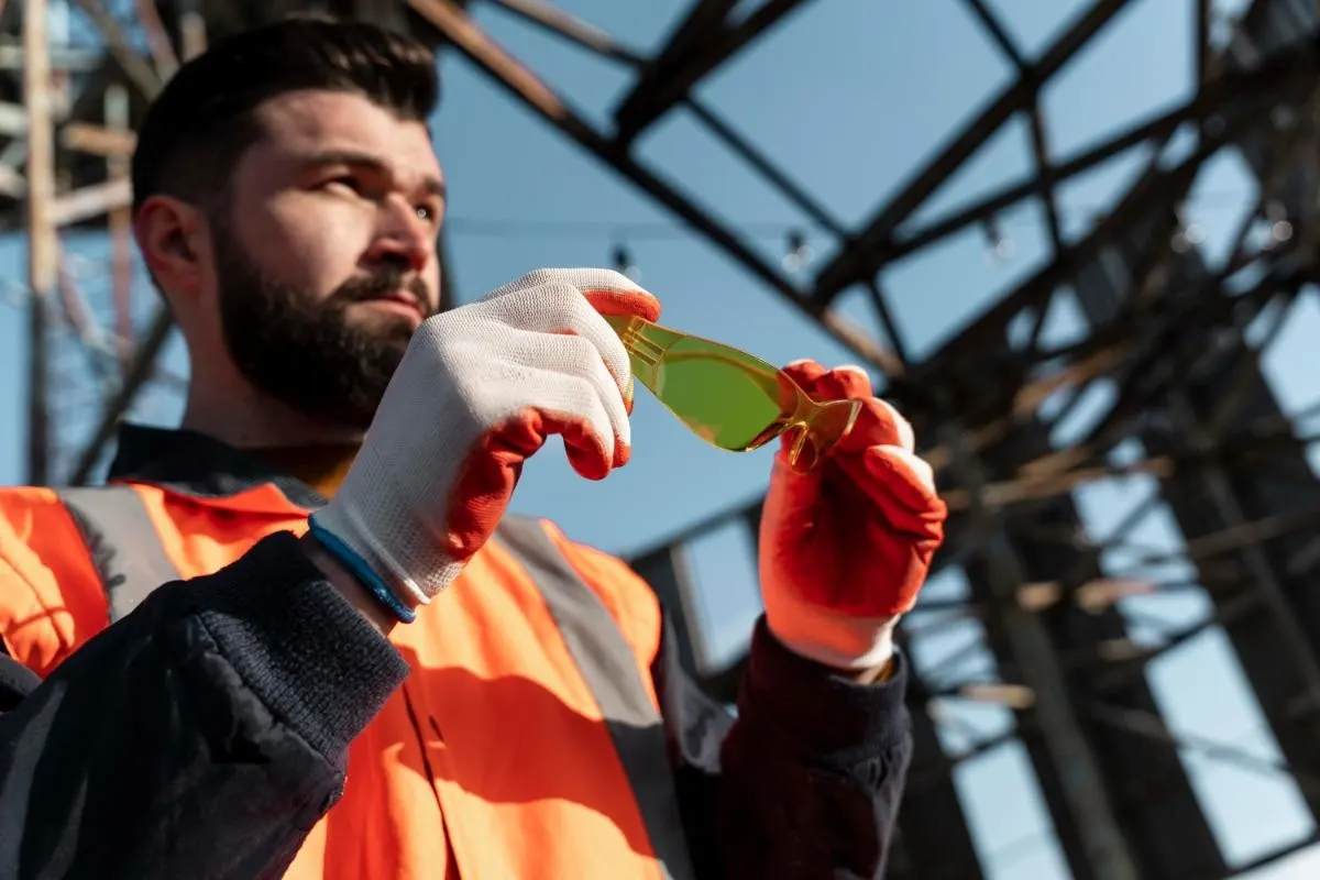 Construction worker in hi-vis vest inspecting safety glasses at an industrial site in London
