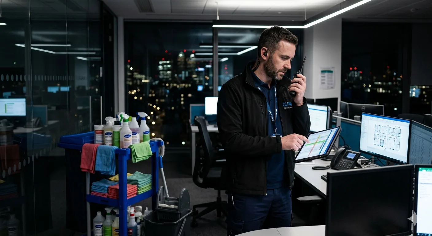 Cleaning supervisor with two-way radio reviewing schedule on tablet in London corporate office at night