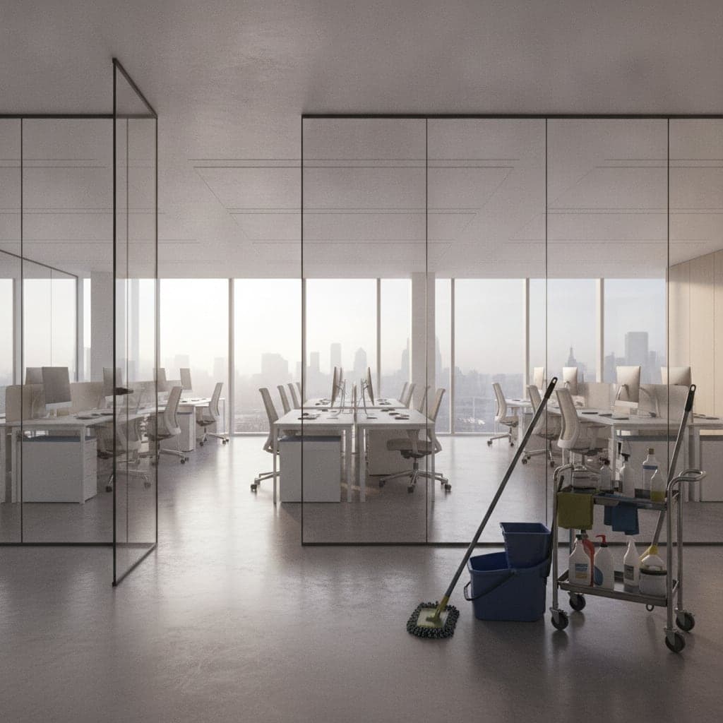 Cleaning trolley, mop and bucket in a modern London office with city skyline views and glass partition walls.