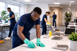 Commercial Cleaning Services Hackney with a professional cleaner mopping a desk in a modern Shoreditch office, wearing a Vigil Cleaning uniform and yellow gloves